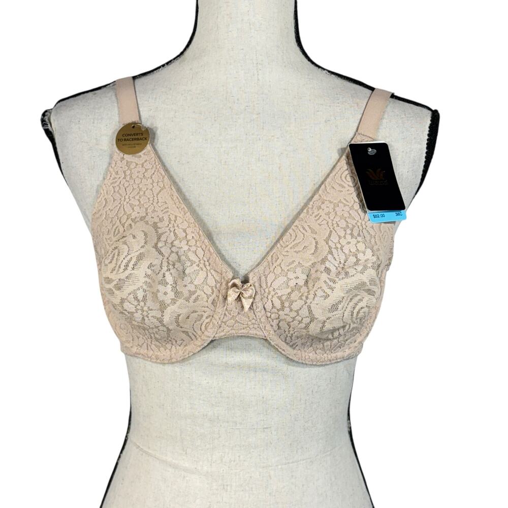 Wacoal SZ 36C Convertible Bra Semi-Sheer Floral Lace Adjustable Wired Beige New